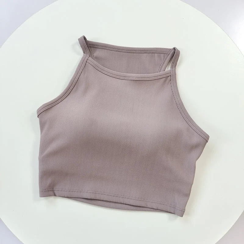 Ribbed Scrunch Yoga Sports Bra - High Neck Camisole Tank Top