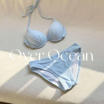Blue Knit Sweater Bikini Set with Sheer Skirt