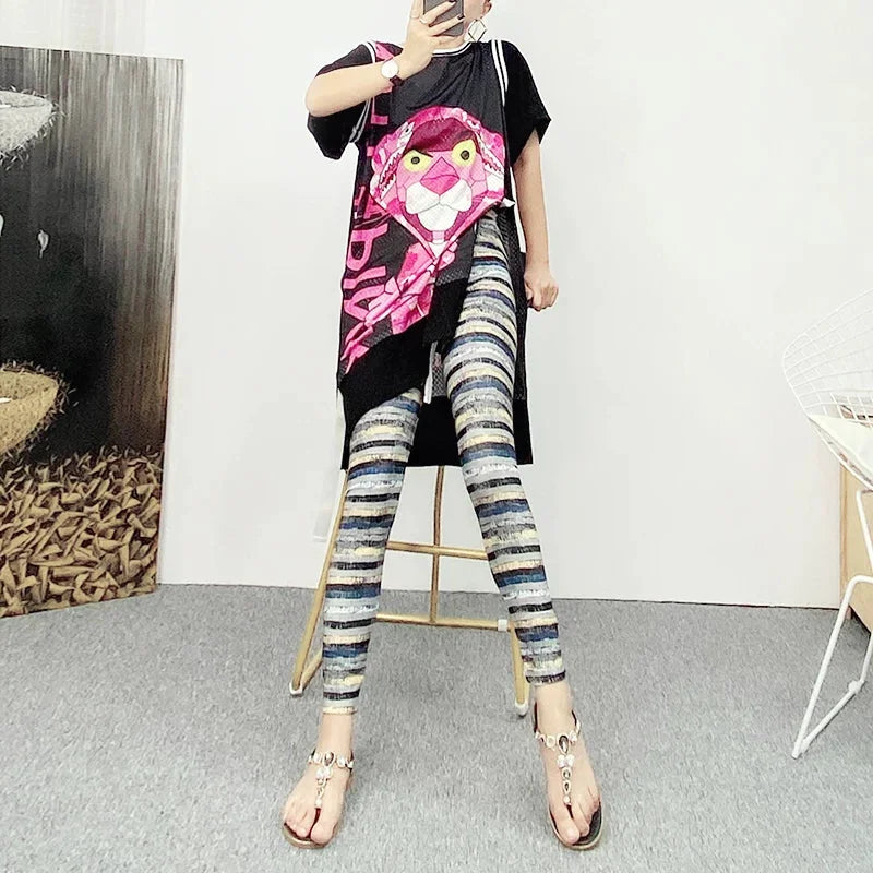 Sheer Mesh Striped High Waisted Leggings for Women