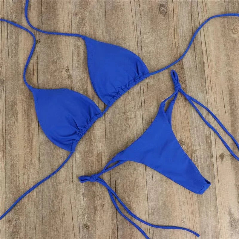 Pure Colour Three-Point Bikini with Adjustable Ties