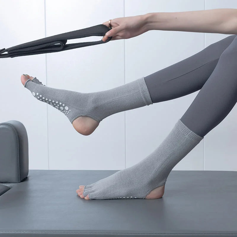 Non-Slip Open Toe Yoga Socks with Heel Cutout, Breathable Cotton Grip Pilates Socks