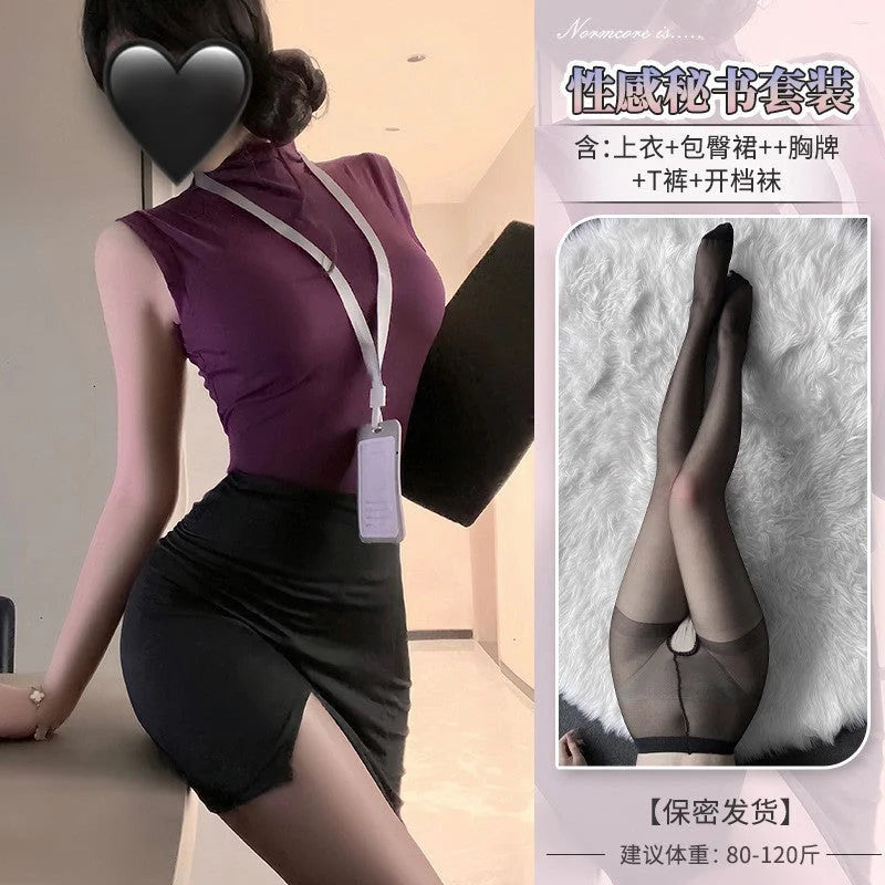 Secreteer office uniform lingerie set with bodycon skirt and sheer stockings