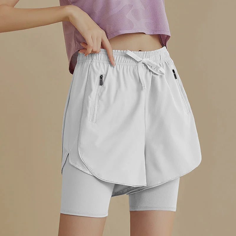 High-waisted faux-two-piece running shorts - quick-dry summer yoga shorts