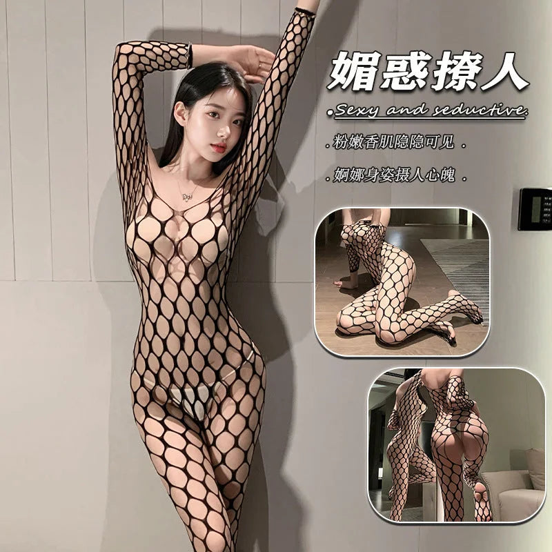 Pure Seductive Pure Desire Open Crotch Net Bodysuit Black Stockings Lingerie