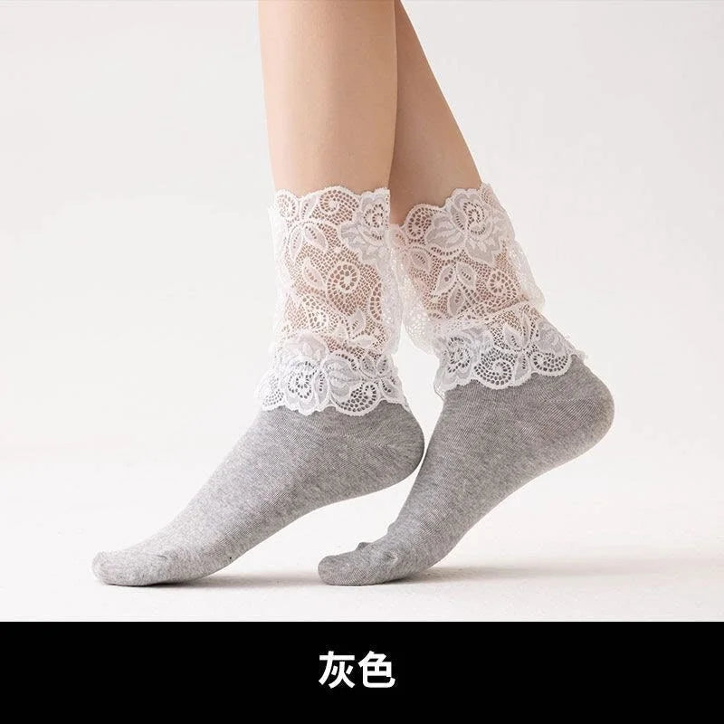 Lace Trim Mid Calf Socks Ballet Style Frill Edge Ankle Socks