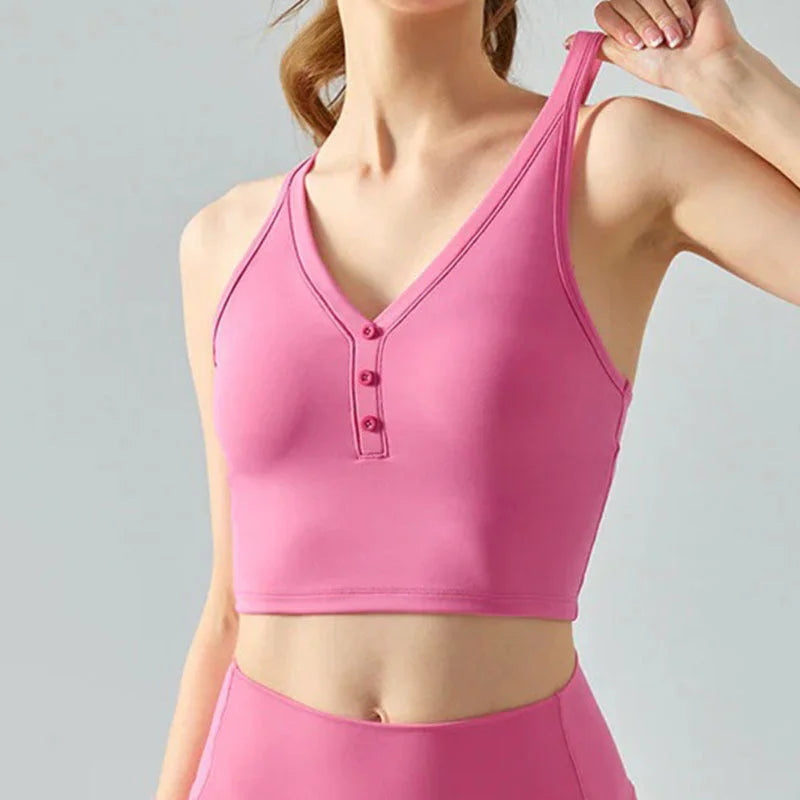 Nude V-Neck Cross Back Crop Sports Bra Women - Fitness Activewear