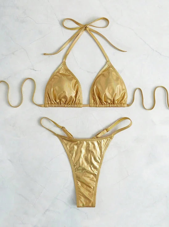 Sexy Matte Black Metallic Bikini Set - Adjustable Halter Triangle & Tie Side