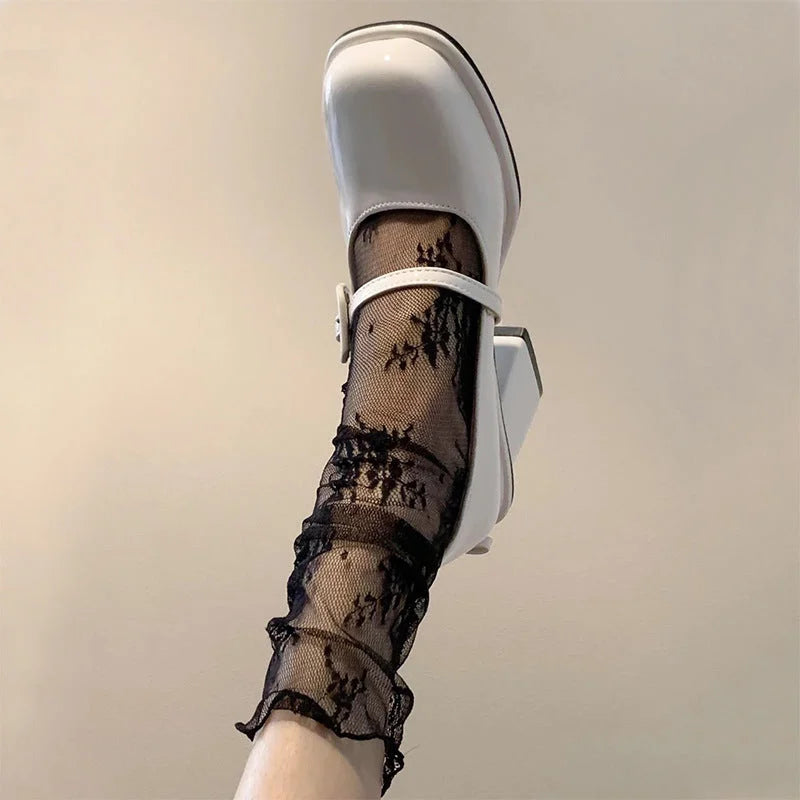Sheer Lace Mid-Calf Socks Ballet Style Floral Mesh Tulle Socks