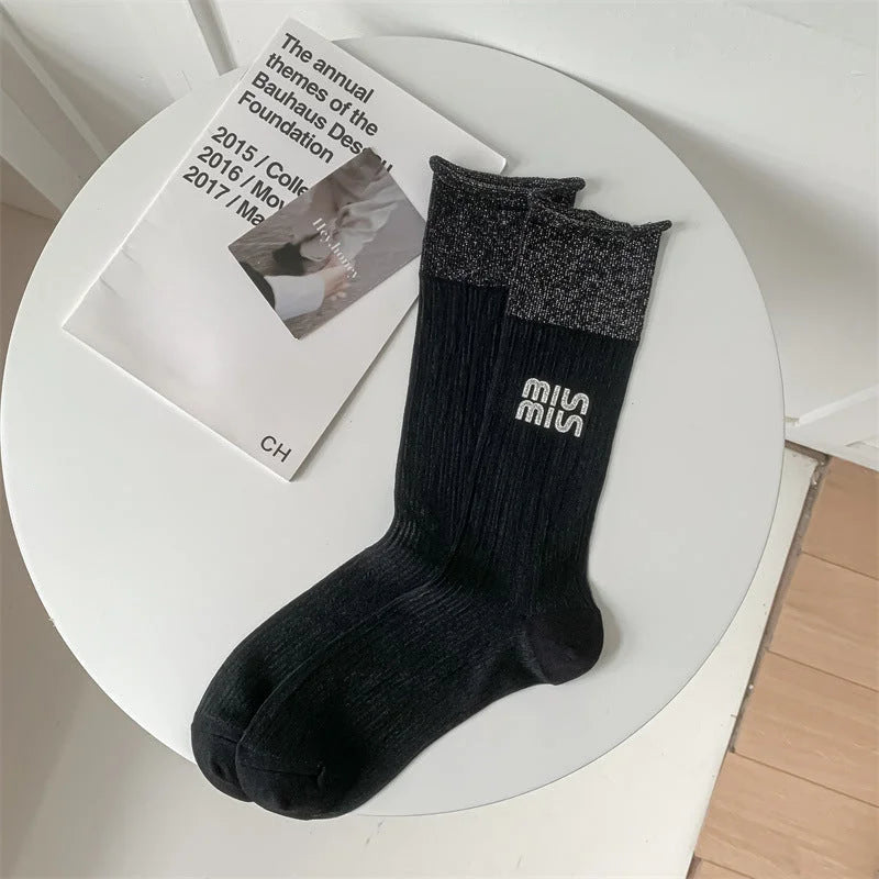 Sheer Shiny Mid Calf Socks Cream Grey Black Summer Thin Glossy