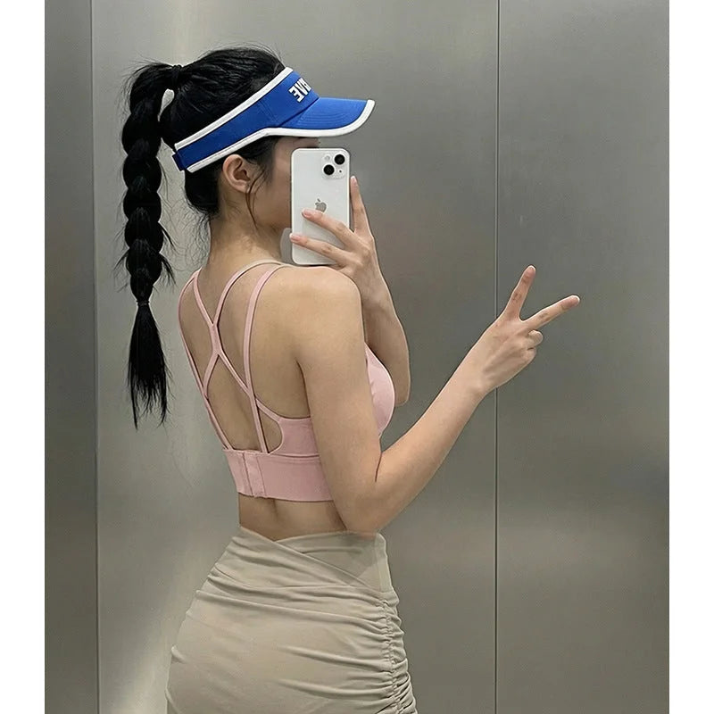 Seamless one-piece sports bra, summer thin crop tank top, crisscross back detail