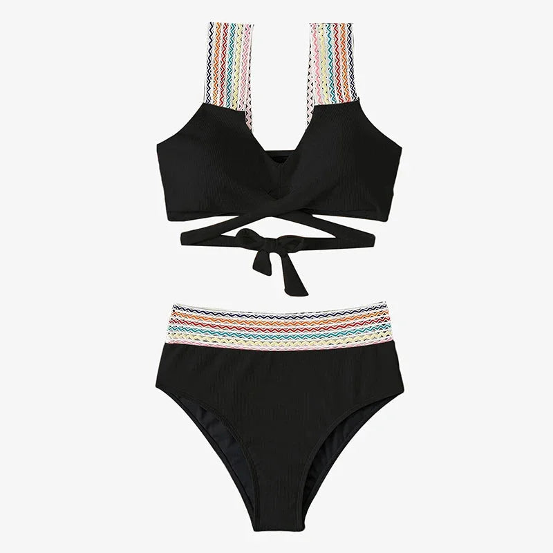High Waisted Ribbed Bikini Set with Contrast Trim - Sexy Swimwear