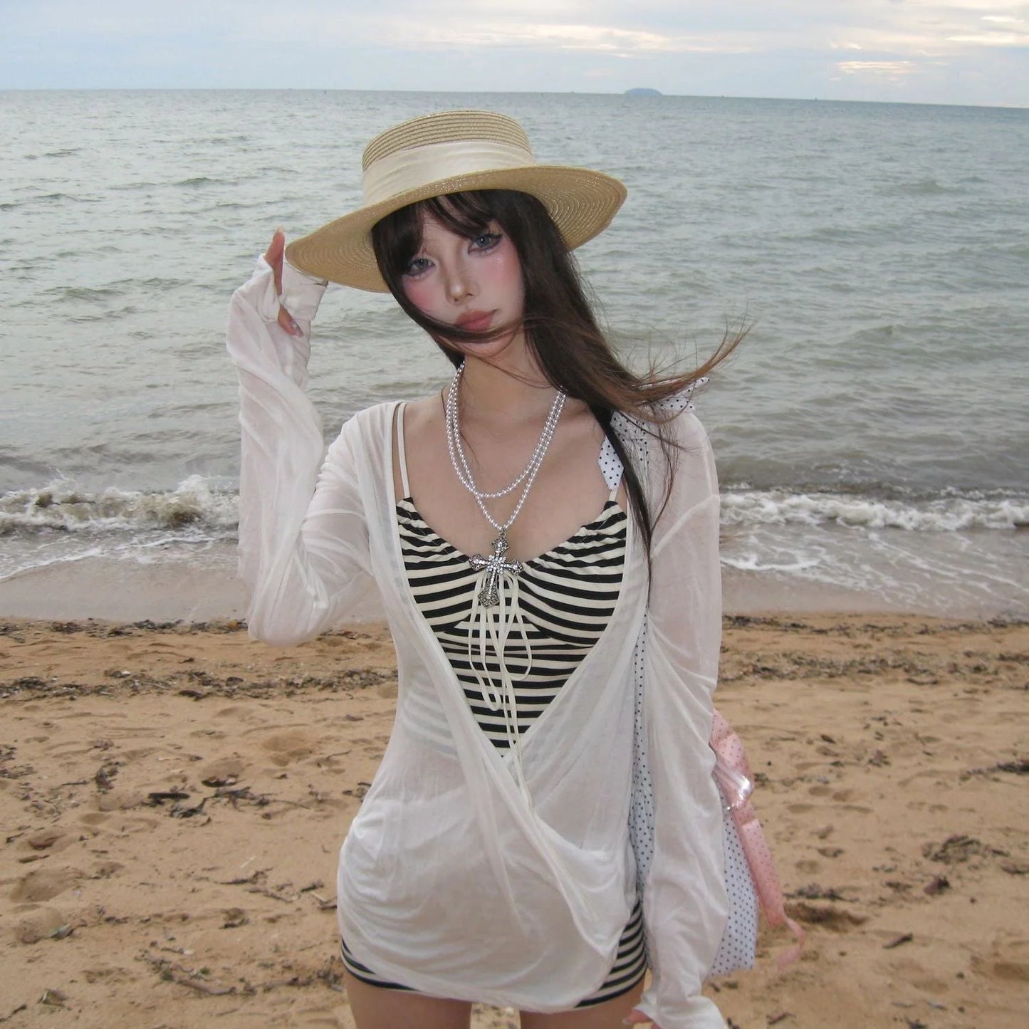 sheer striped bikini cover-up and matching bikini set