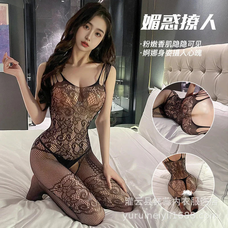 Transparent Black Bodysuit Lingerie with Open Front Stockings