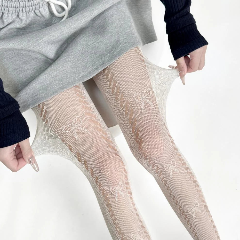 Sheer Bow Lace Tights - Butterfly Pattern Pantyhose for Women