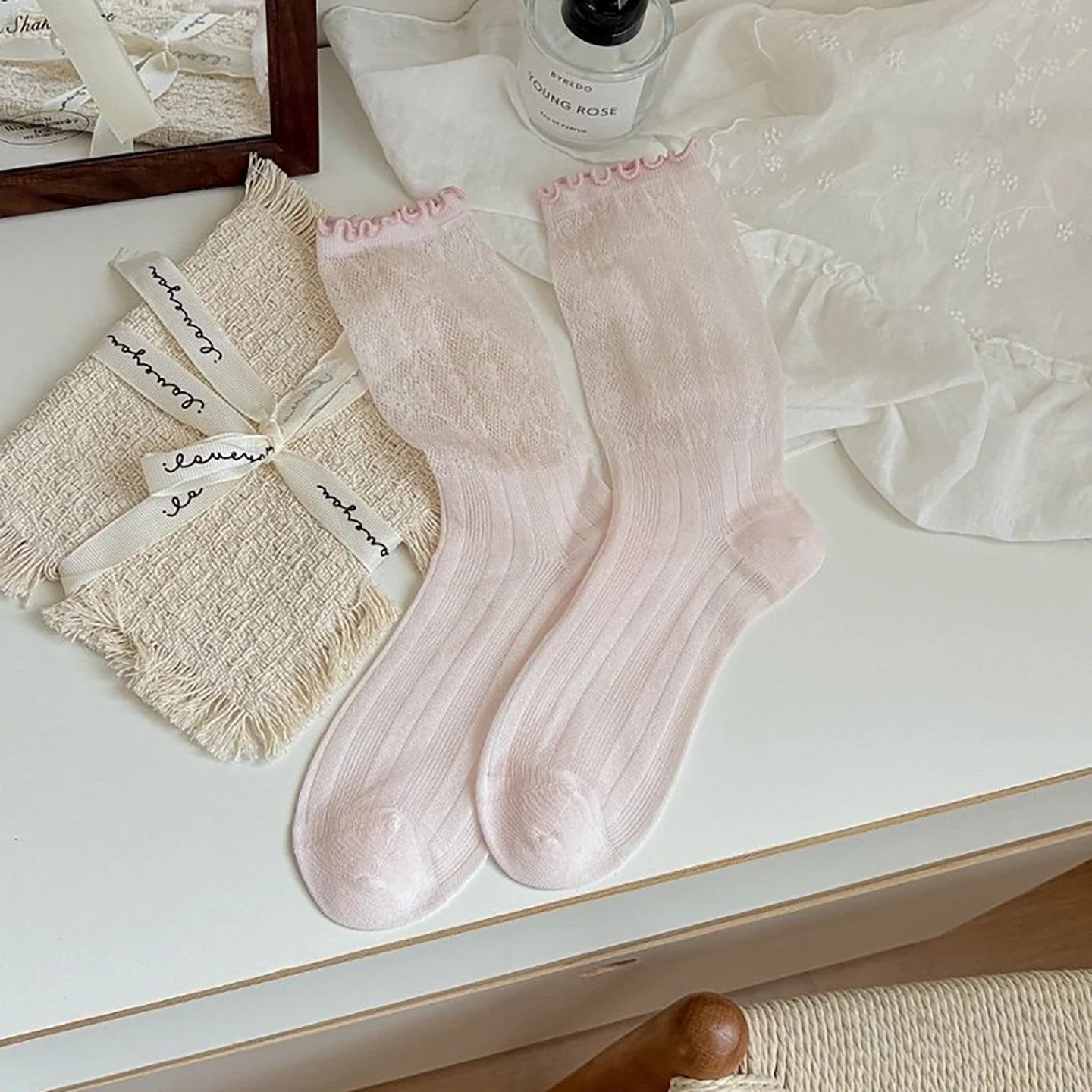 White Lace Ruffle Ankle Socks Women - Sheer Breathable Ballet Style