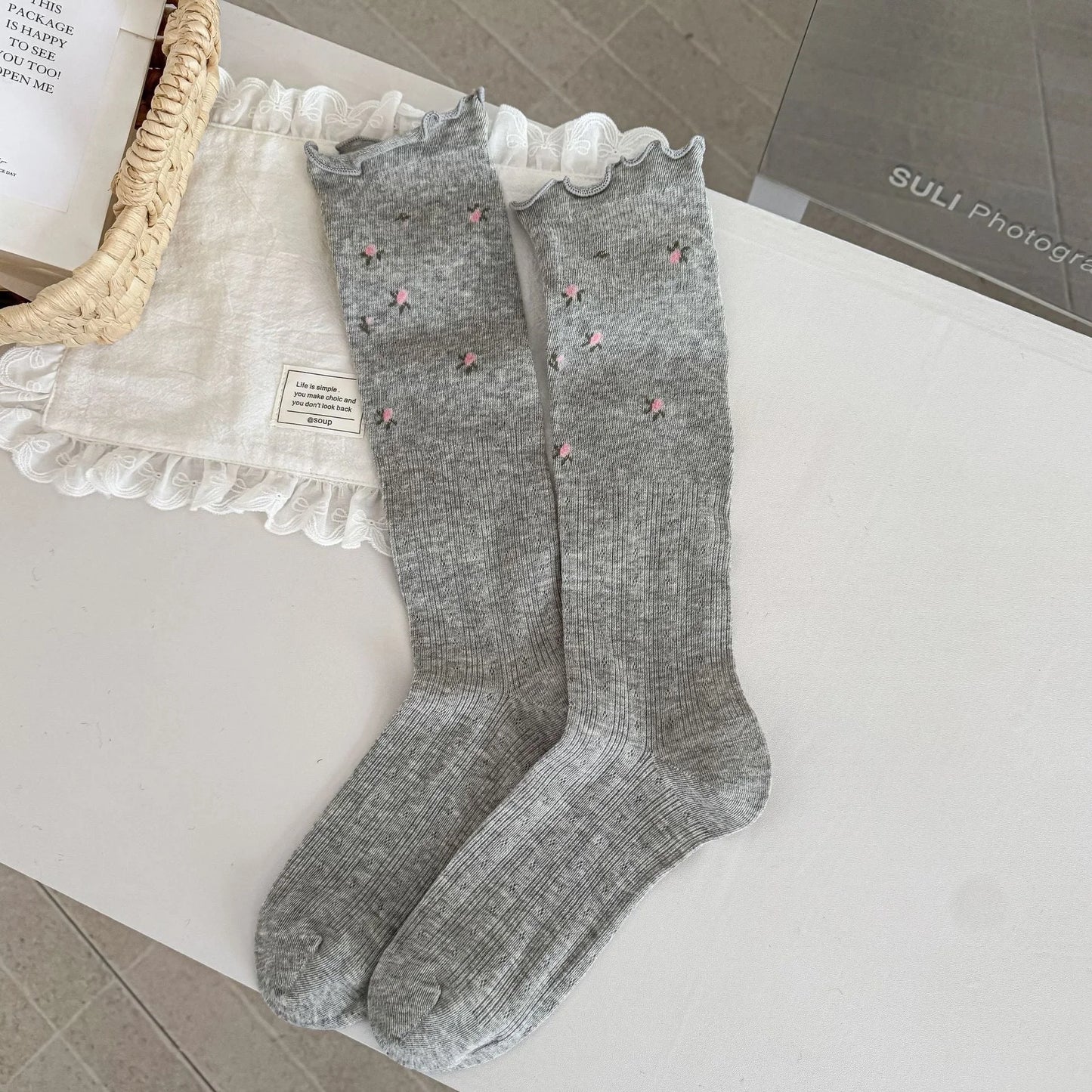 Lace Trim Floral Mesh Knee High Socks for Women