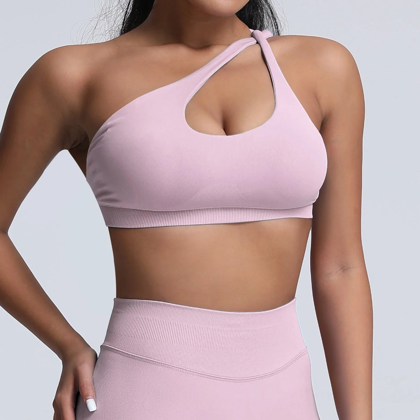 seamless matte nylon sports bra with shoulder strap and open back