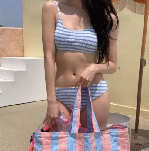 cute korean girl bikini sweet vintage striped shoulder tie top low bust push up two piece swimsuit