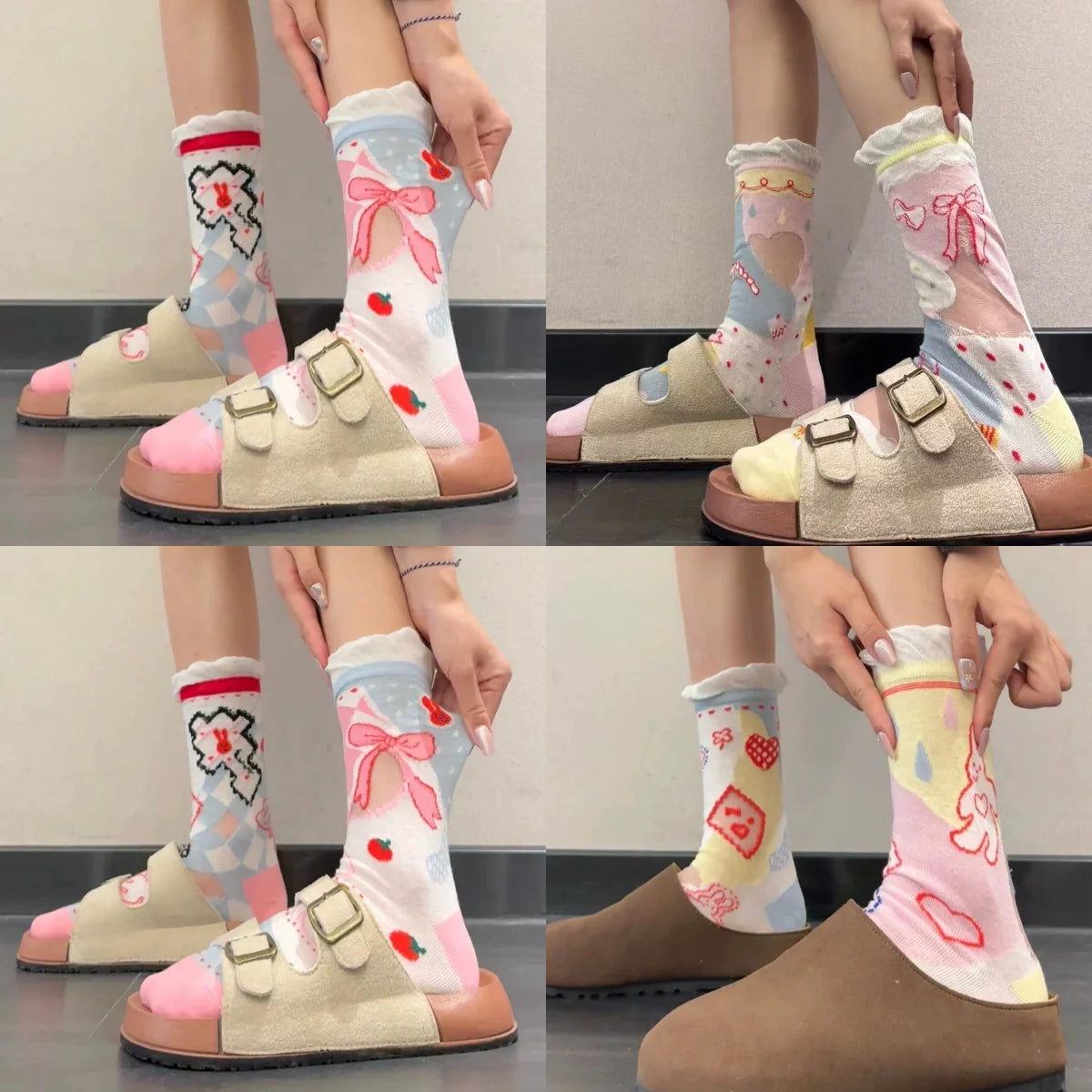 Cute Patterned Crew Socks for Women - Girly Bow Heart Bunny Designs