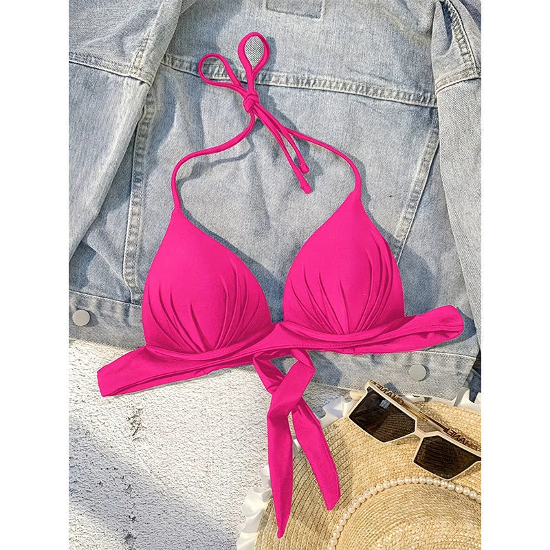 Tie-strap triangle bikini with plunging neckline