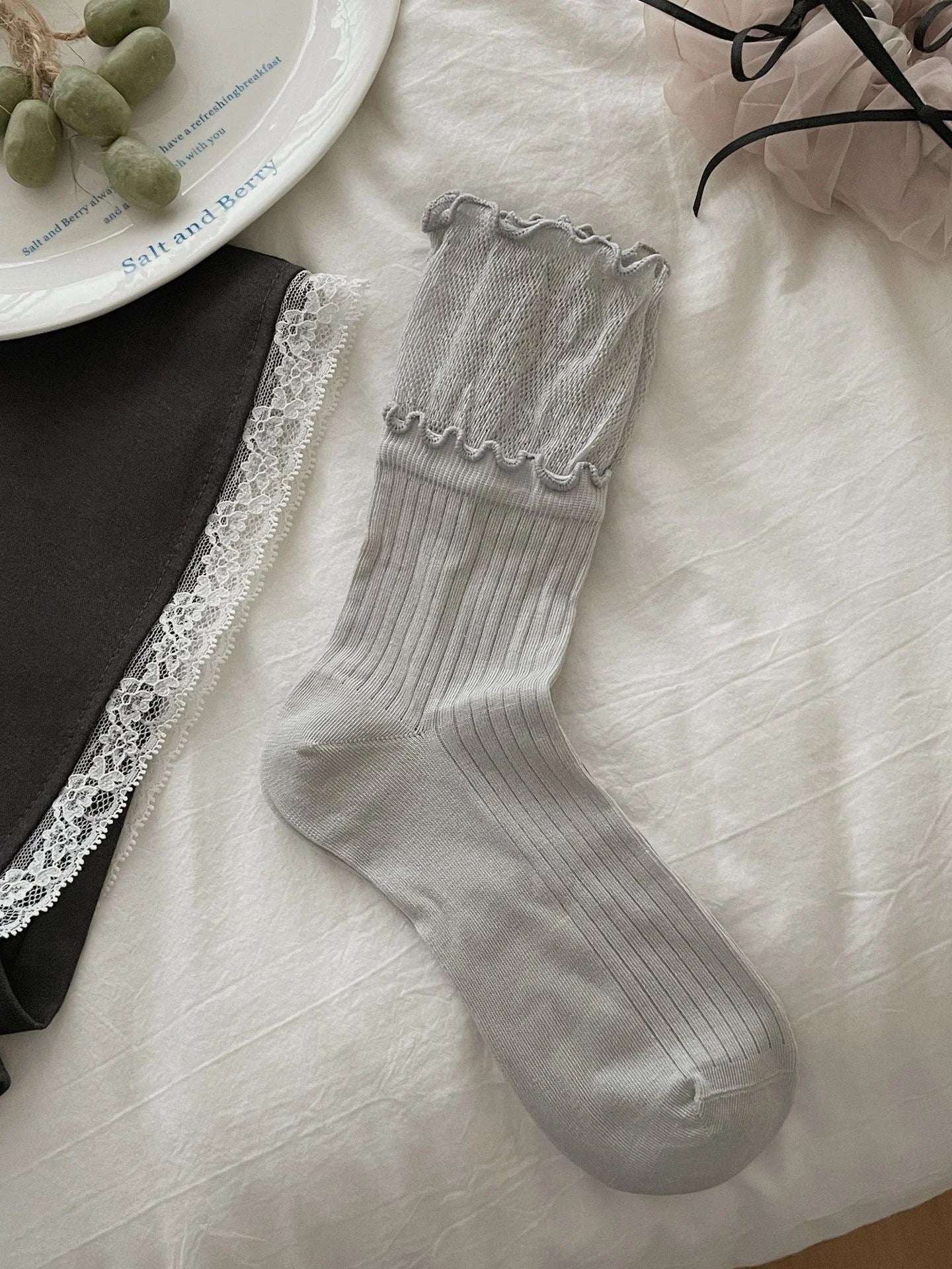 Lace Trim Ballet Style Mid Calf Socks for Women Pure Cotton