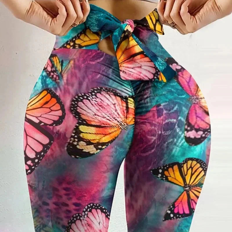 High Waist Butterfly Print Yoga Leggings with Bow Detail - Butt Lift Fitness Pants