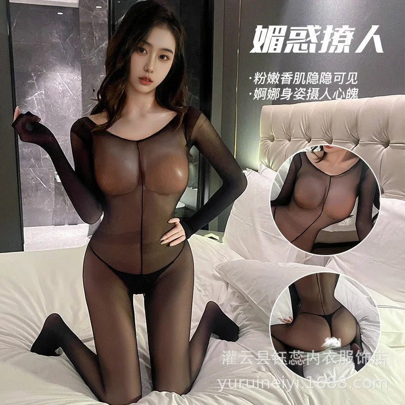 Transparent Black Bodysuit Lingerie with Open Front Stockings