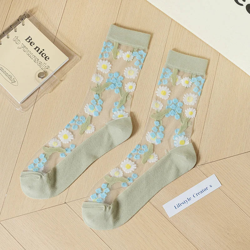 Sheer Floral Mid-Calf Socks Summer Sheer Glass Silk Hosiery