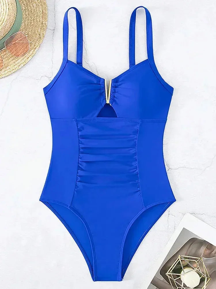 V Neck Pleated One Piece Swimsuit - High Cut Tummy Control Bathing Suit