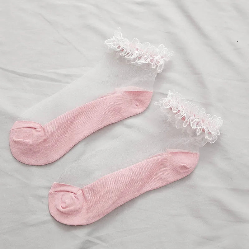 Lace Trim Sheer Ankle Socks - Cute Ruffle Cotton Socks