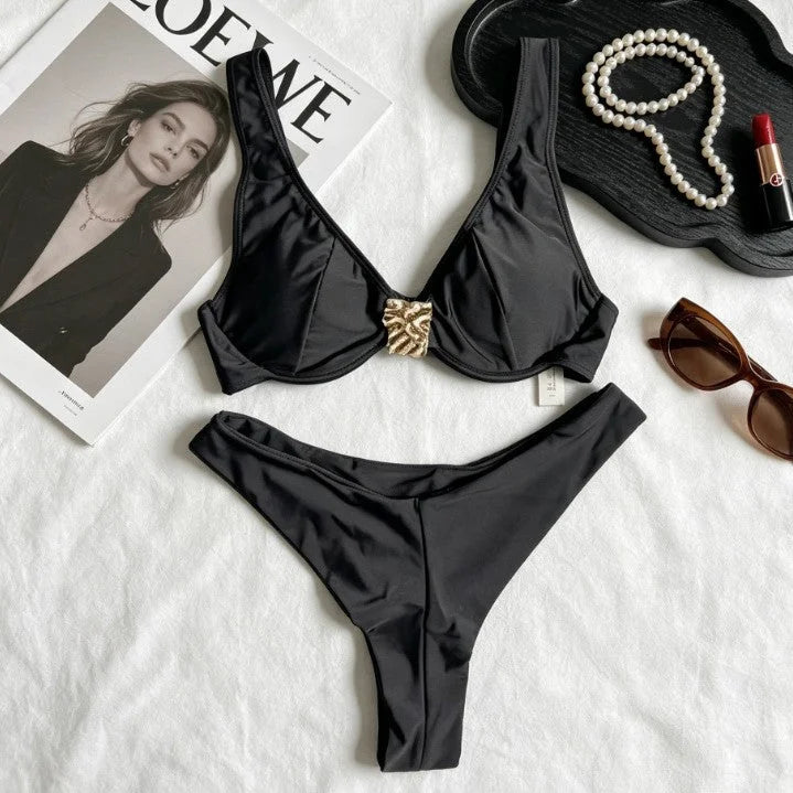 low waist steel bra bikini set, pure color seductive two-piece swimwear