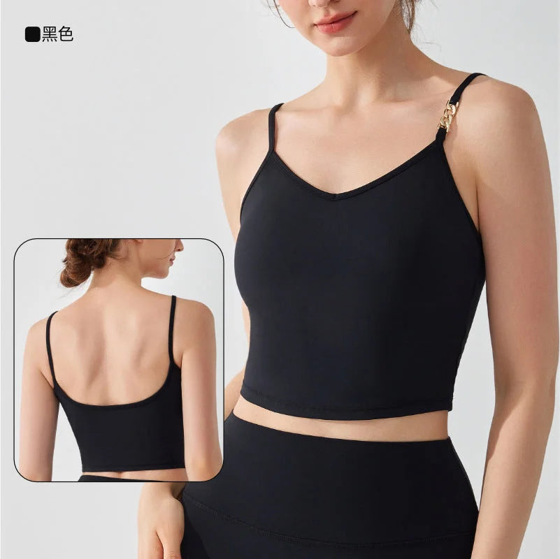 Nude Feel One-Piece Yoga Bra with Built-in Bra Cup, Spaghetti Strap Tank Top
