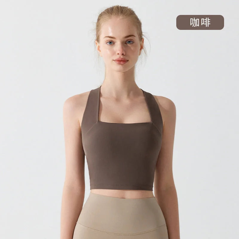 Summer Nude-Feel Antibacterial Crisscross Back Sports Bra Wide Shoulder Strap High Impact Yoga Bra