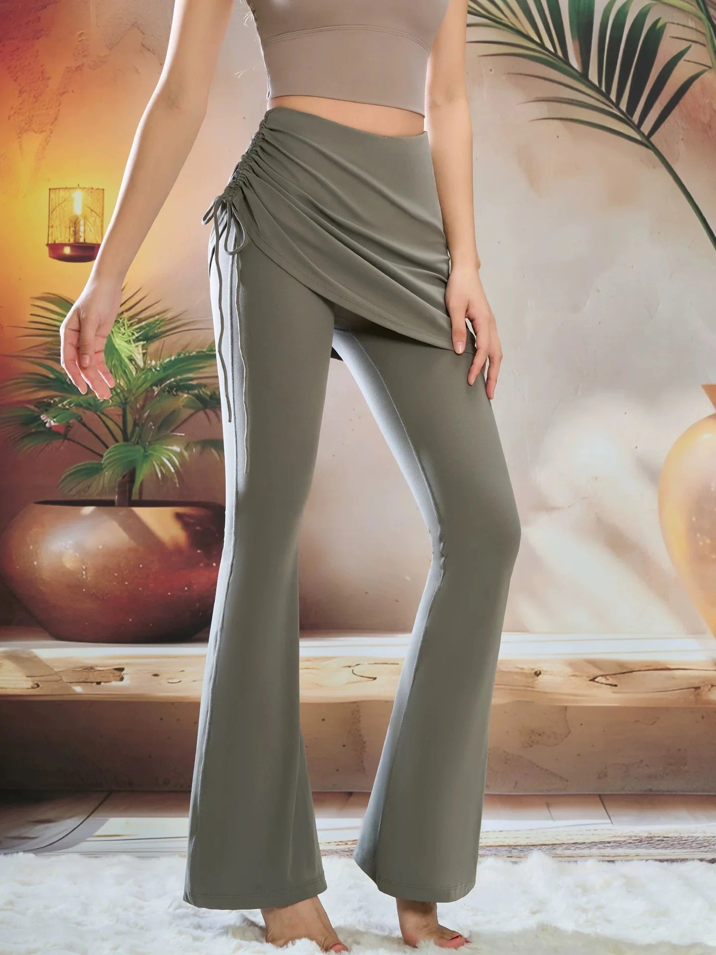 High Waisted Flare Yoga Pants with Drawstring Skirt Overlay