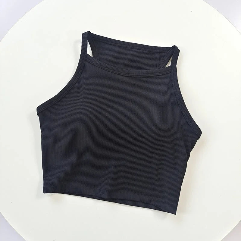 Ribbed Scrunch Yoga Sports Bra - High Neck Camisole Tank Top