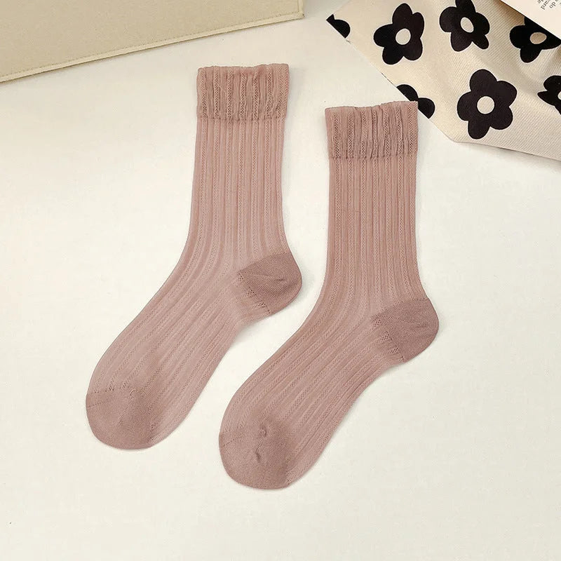 Breathable Mid Calf Sheer Socks for Women - Summer Thin Ribbed Crew Socks