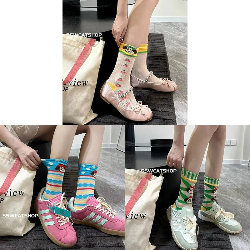 Sheer Lace Cute Dog Pattern Mid Calf Socks for Women - Breathable Thin Fashion