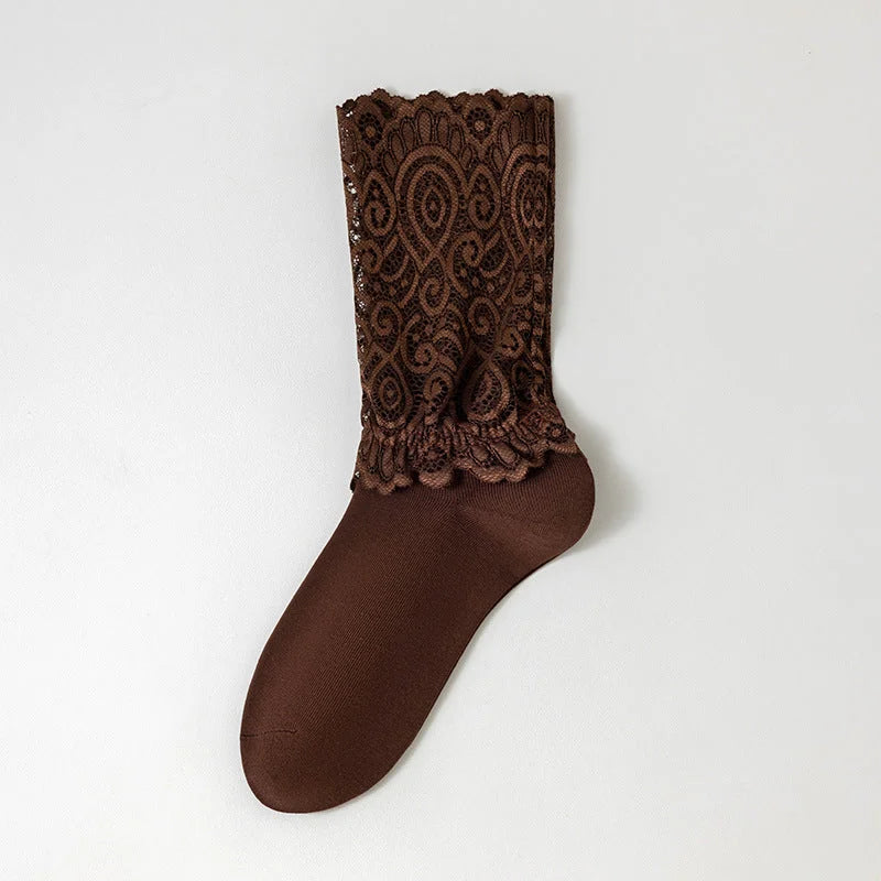 Lace Trim Cotton Ankle Socks for Women - Black, White, Nude