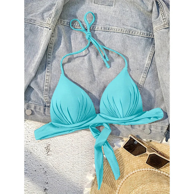 Tie-strap triangle bikini with plunging neckline
