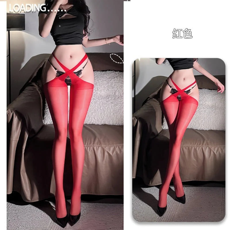 sheer garter stockings with adjustable straps, seductive open crotch design