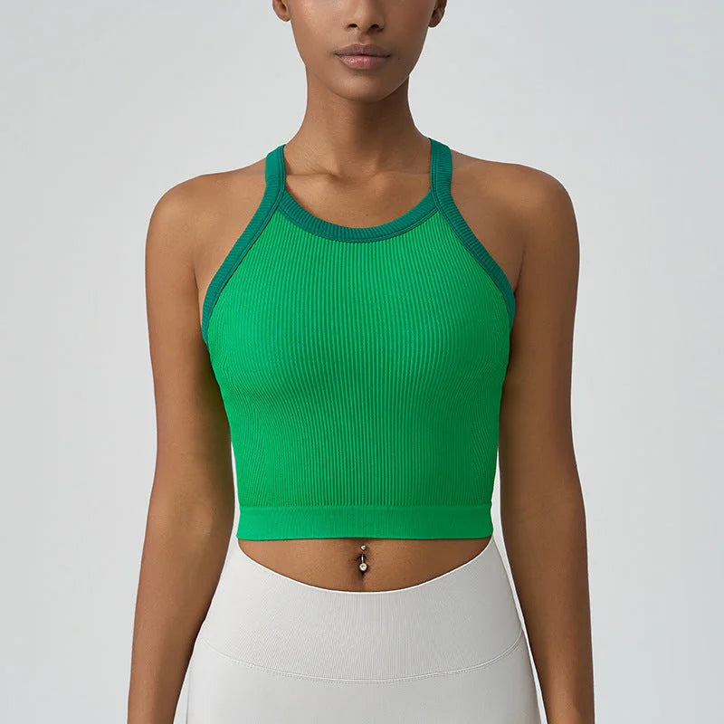 Color-Block Yoga Vest with Built-In Bra, High-Impact Sport Crop Top