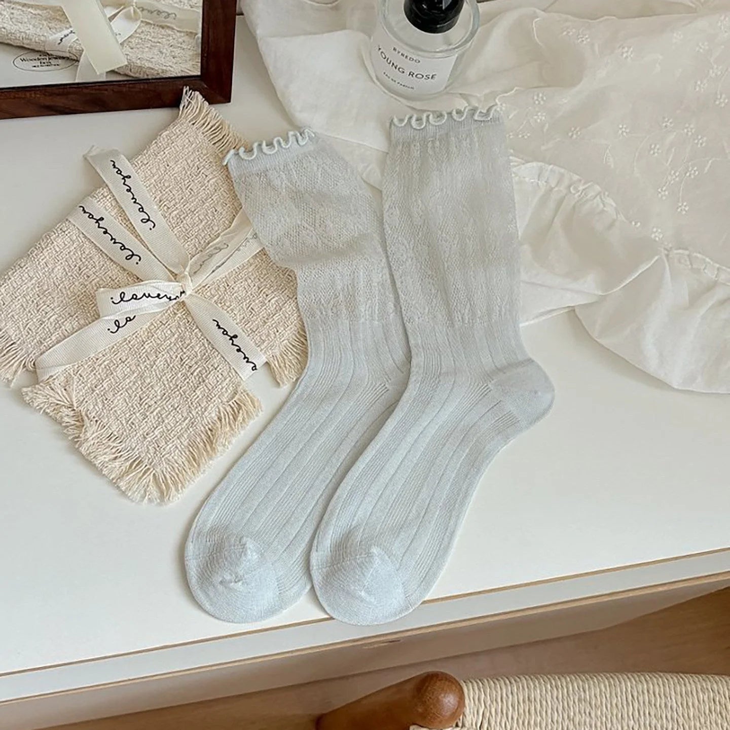 White Lace Ruffle Ankle Socks Women - Sheer Breathable Ballet Style