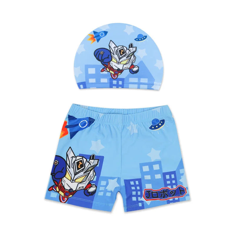 Children's Cartoon Swimwear Trunks & Caps