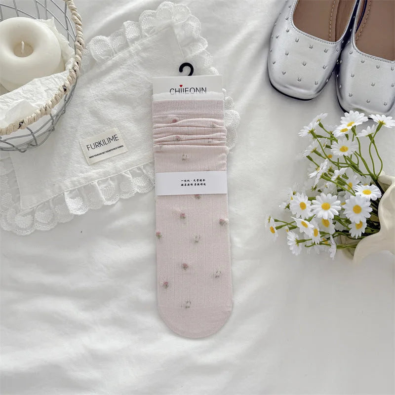 Sheer Floral Lace Trim Mid Calf Socks for Women
