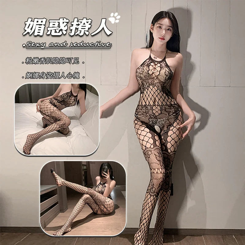 Pure Seductive Pure Desire Open Crotch Net Bodysuit Black Stockings Lingerie