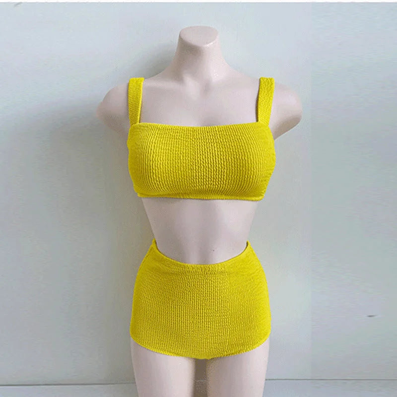 high waist two piece bikini set, colour blocking, figure sculpting swimwear