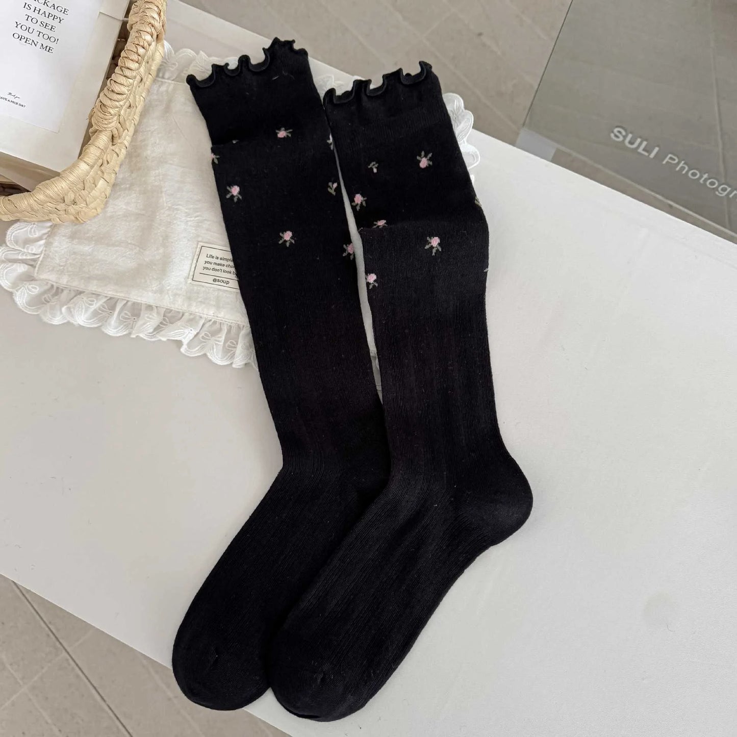 Lace Trim Floral Mesh Knee High Socks for Women