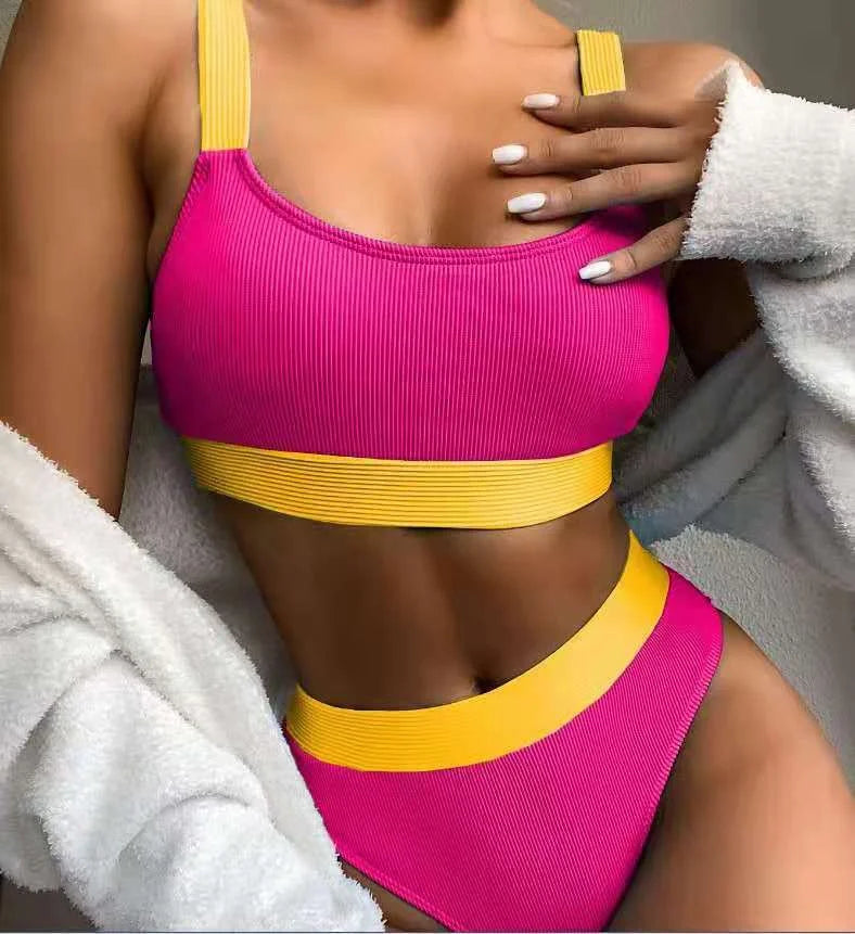 Pure Color Bikini Set High Waist Two Piece Swimwear