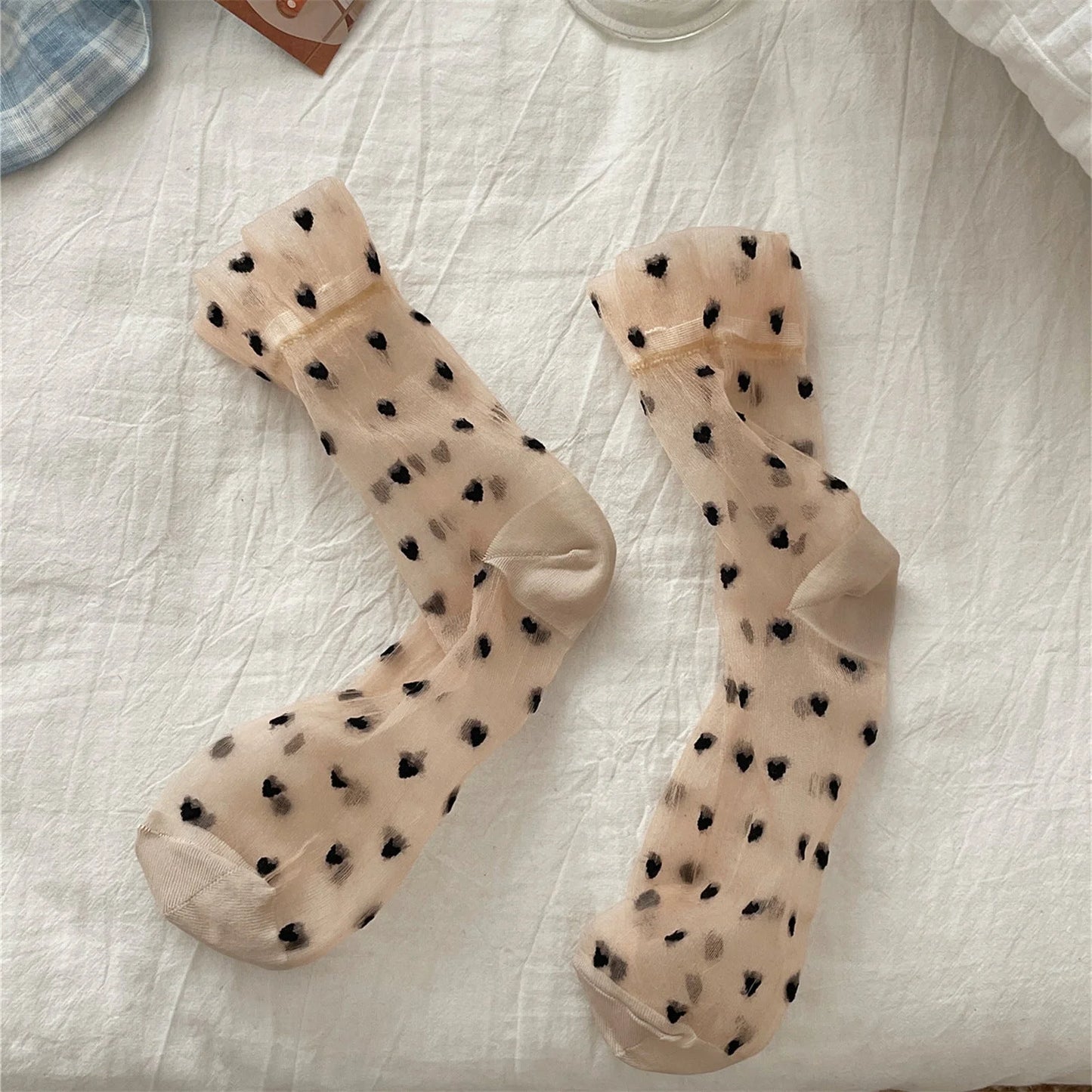Sheer Heart Pattern Socks for Women - Cute Japanese Style Mid Calf Sheer Socks