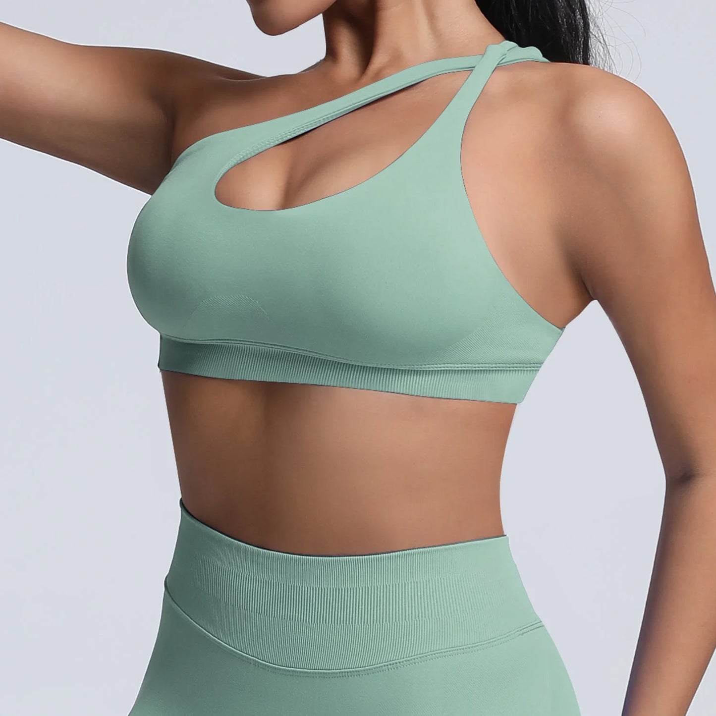 seamless matte nylon sports bra with shoulder strap and open back